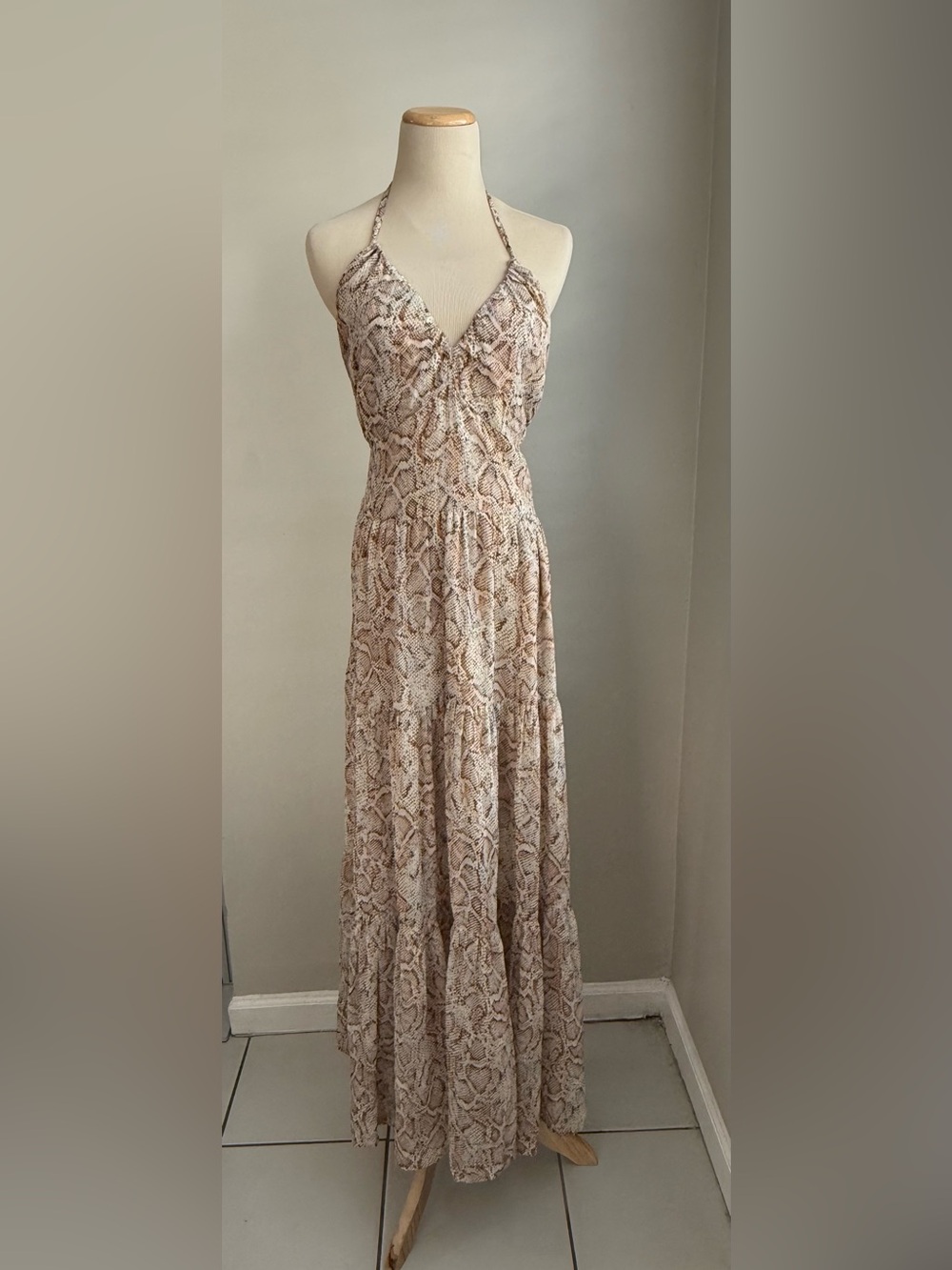 Jessica Simpson Neutral Snake-Print Halter Maxi Dress